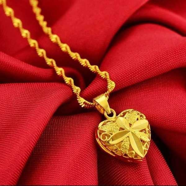 24K Gold Filled Heart Curved Pendant With Link Chain 45CM Necklace For Women 3