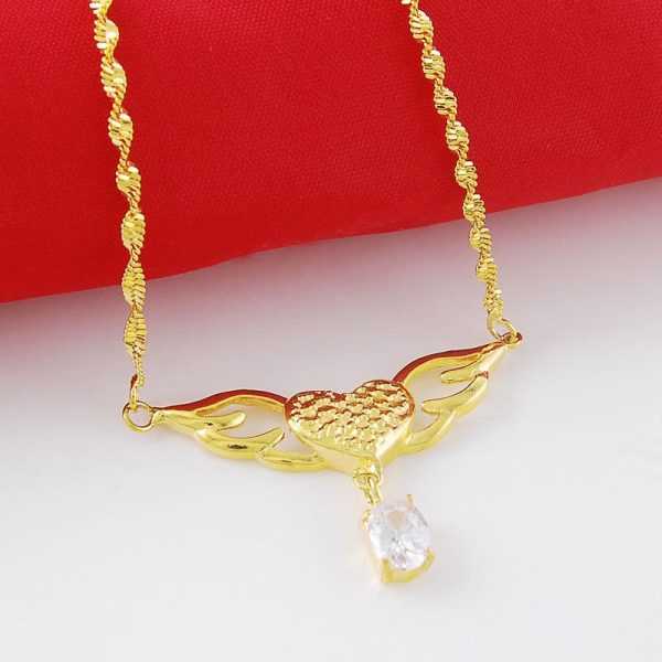 24K Gold Plated Heart with Wings Design Pendant and Twisted Water Wave Chain Necklaces for Women