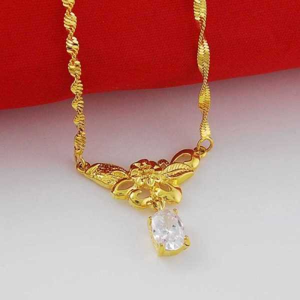 24K Gold Plated Leaf Crystal Pendant with Water Wave Chain Necklaces for Women 3