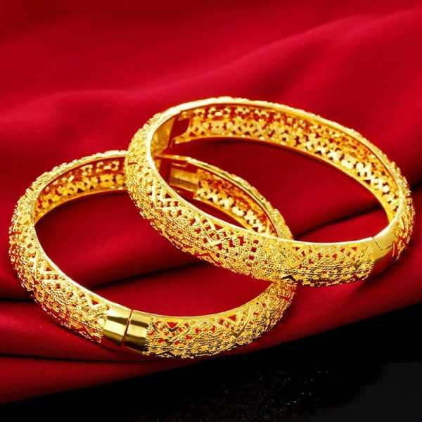 24K Gold Plated Round Classic Bangles Pulseira Femme Wristband For Women