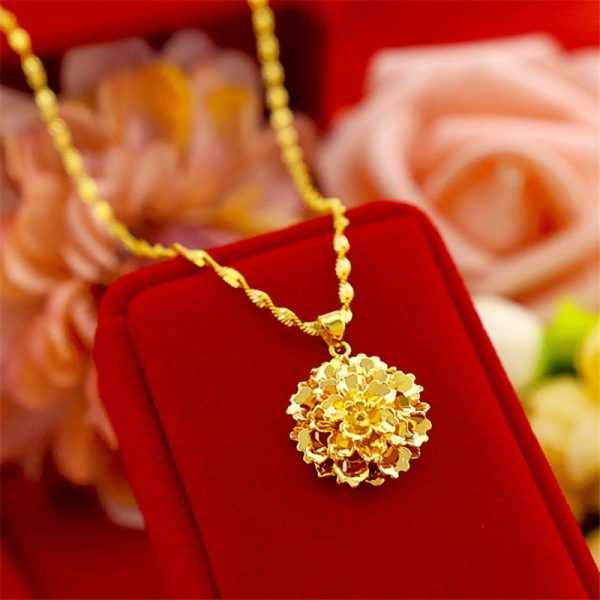 24K Plated Gold Flower Pendant With Water Wave Collier Choker Chain Necklace For Women 2