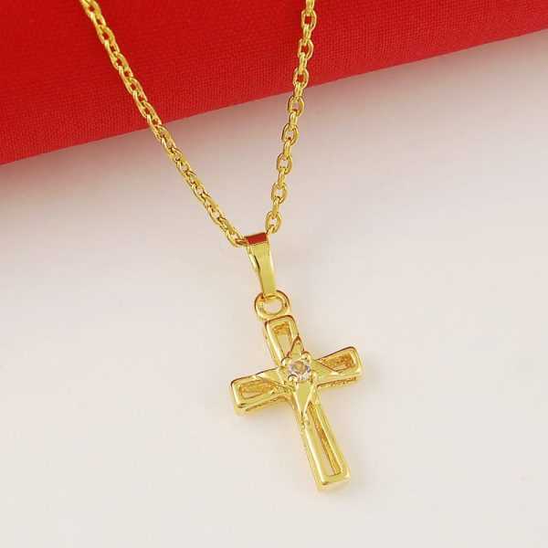 24K Yellow Gold Plated Cross Charm Pendant With Link Chain Necklaces for Women 3
