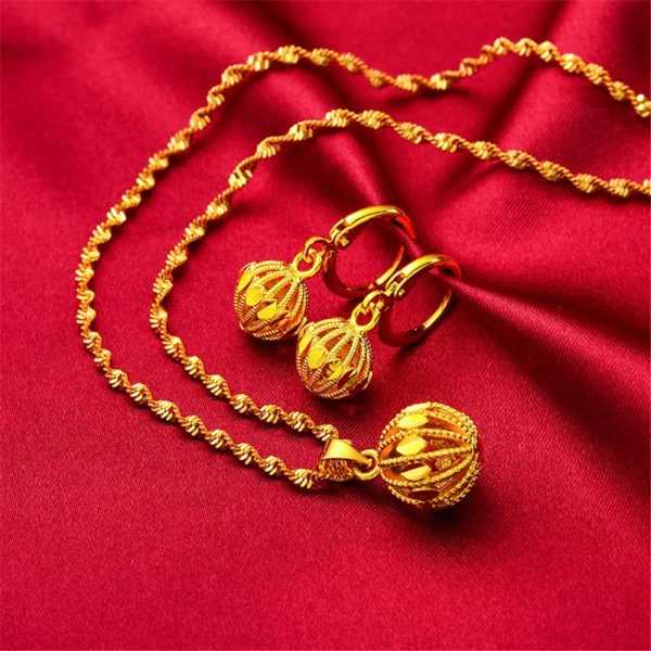 24K Yellow Gold Plated Hollow Ball Bead Necklace Earrings Set For Women 2