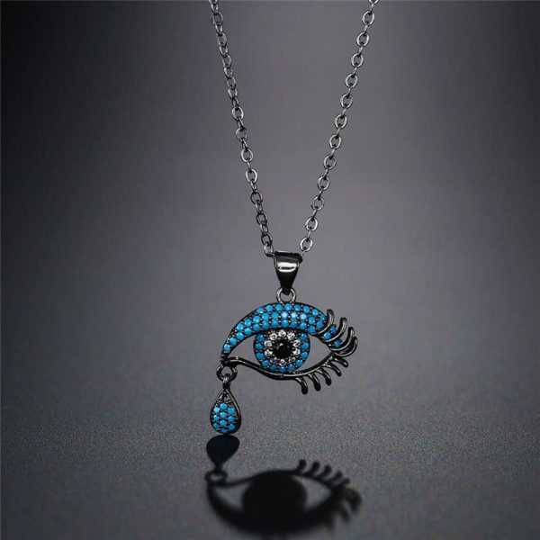 Lucky Eye Blue Black Zirconia Pendant with Black Copper Link Chain Necklace For Women