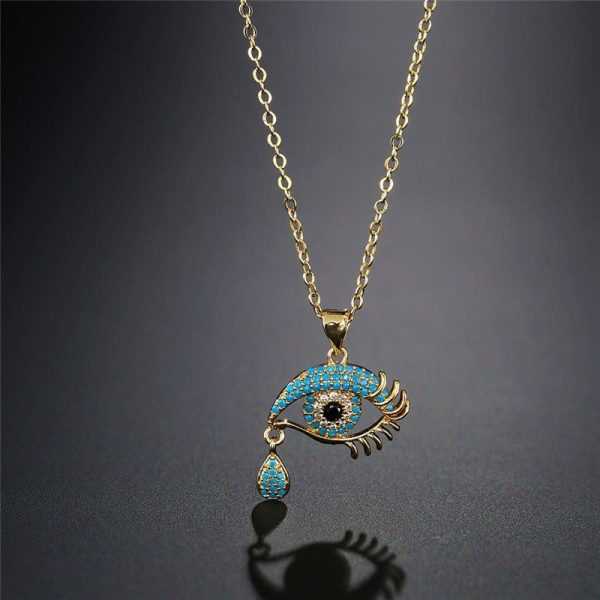 Lucky Eye Blue Zirconia Pendant with Yellow Copper Link Chain Necklace For Women