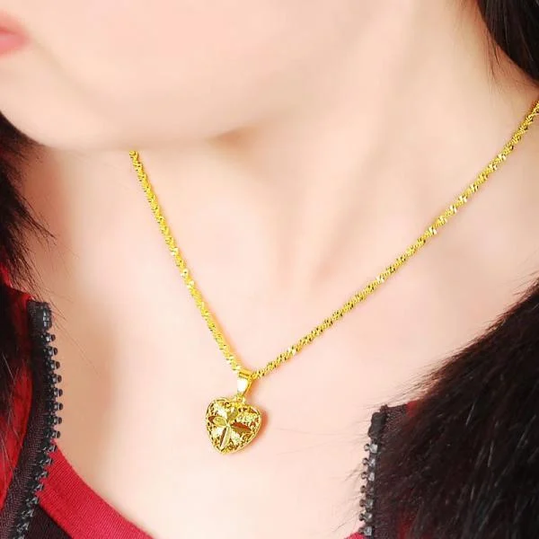 24K Gold Filled Heart Curved Pendant With Link Chain 45CM Necklace For Women 3