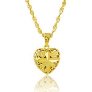 24K Gold Filled Heart Curved Pendant With Link Chain 45CM Necklace For Women