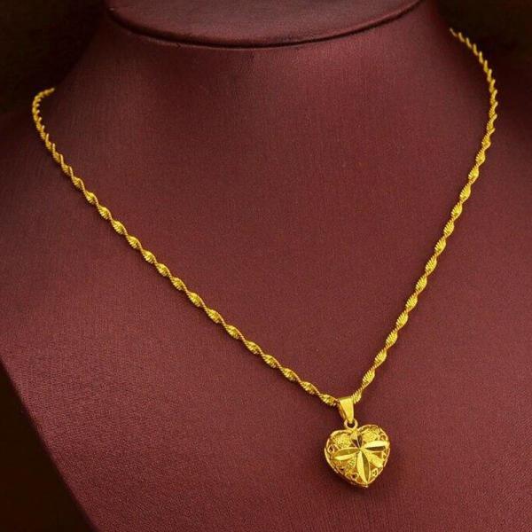 24K Gold Filled Heart Curved Pendant With Link Chain 45CM Necklace For Women 4