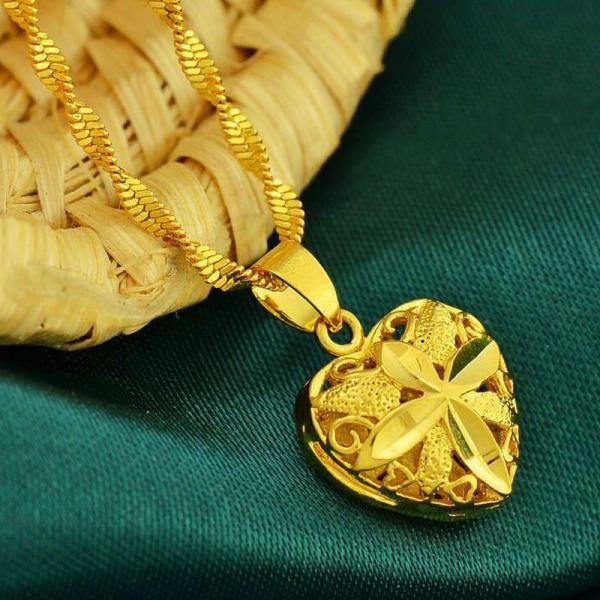 24K Gold Filled Heart Curved Pendant With Link Chain 45CM Necklace For Women 5