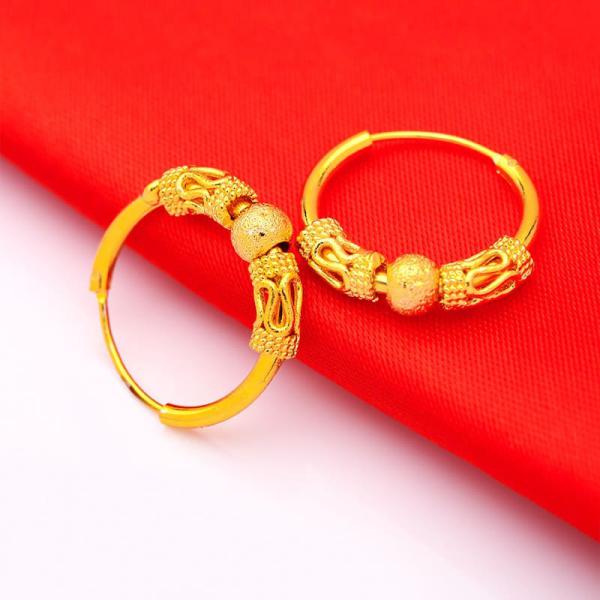 24K Gold Plated Beads Round Hoop Earrings Set For Women 6