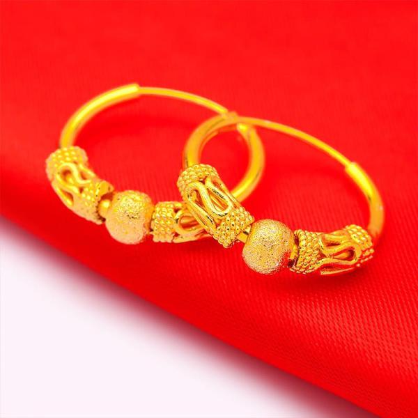 24K Gold Plated Beads Round Hoop Earrings Set For Women 7