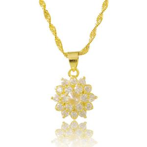 24K Gold Plated Crystal Flower Pendant With WaterWave Chain for Women