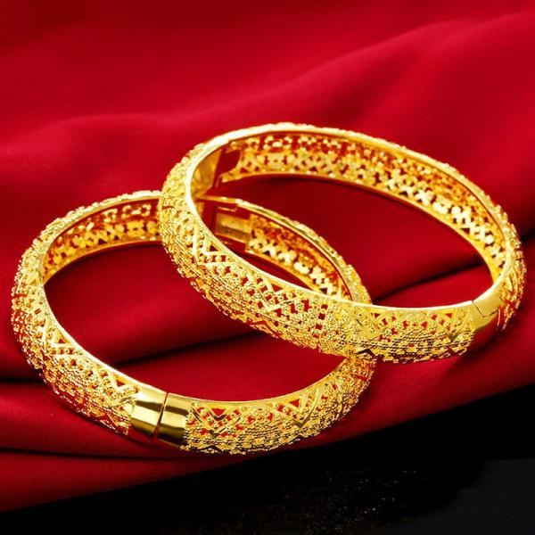 24K Gold Plated Round Classic Bangles Pulseira Femme Wristband For Women 2