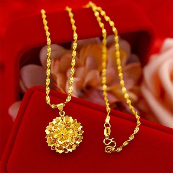 24K Plated Gold Flower Pendant With Water Wave Collier Choker Chain Necklace For Women 2