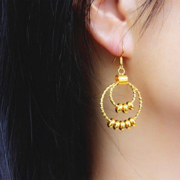 24K Plated Gold Round Circles Bead Long Tassel Brincos Earrings For Women 2