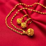 24K Yellow Gold Plated Hollow Ball Bead Necklace & Earrings Set For Women