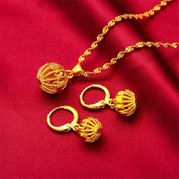 24K Yellow Gold Plated Hollow Ball Bead Necklace Earrings Set For Women 2