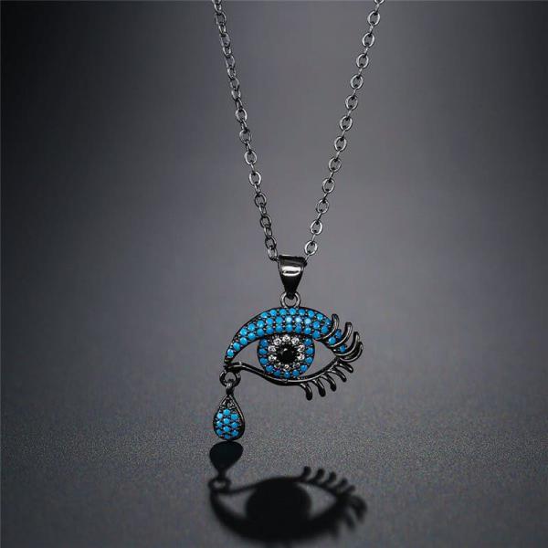 Lucky Eye Blue & Black Zirconia Pendant with Black Copper Link Chain Necklace For Women black