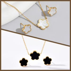 Luxury Golden Five Leaf Flower Pendant Choker Necklace with Earrings For Women