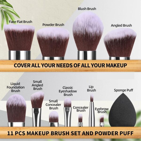 BS-MALL Makeup Brush Set 11Pcs Bamboo Synthetic Kabuki Brush Set Foundation Powder Blending Concealer Eye Shadows Blush Cosmetics Brushes with Organizer Bag & Makeup Sponge