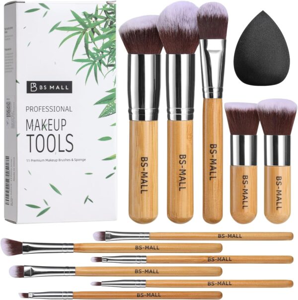 BS-MALL Makeup Brush Set 11Pcs Bamboo Synthetic Kabuki Brush Set Foundation Powder Blending Concealer Eye Shadows Blush Cosmetics Brushes with Organizer Bag & Makeup Sponge