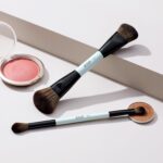 Jessup Makeup Brushes 2pcs Double Sided Foundation Brush Contour Brush Dual Ended Eye Blending Brush, Multi-functional Cosmetic Brush Bright Cyan T502