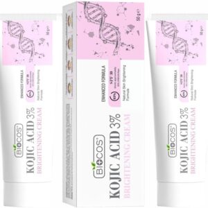 BIOCOS Kojic Acid Cream for Dark Spots & Hyperpigmentation, Skin Brightening & Acne Scar Removal with Glycolic Acid, Aloe Vera & Vitamin B5 – Face Cream for Even Tone 40G