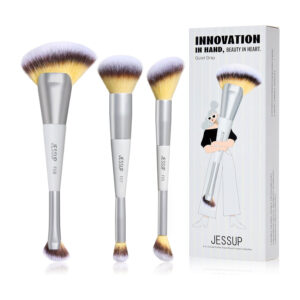 Jessup Face Makeup Brush Set 3pcs Double Sided Makeup Brushes for Foundation Contour Blush Highlight Concealer, Cruelty Free Cosmetic Tools Quiet Gray T521