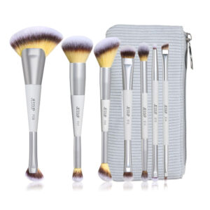 Jessup Makeup Brushes Set 7pcs with Bag Dual Ended Makeup Brush Premium Synthetic Foundation Contour Blush Highlight Blending Eyebrow Eyeshadow Shader Concealer Brush, Quiet Gray T520
