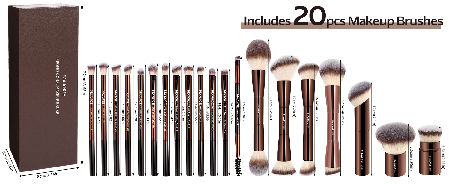 MAANGE 20 Pcs Makeup Brushes with Gift Box Coffee brown 13