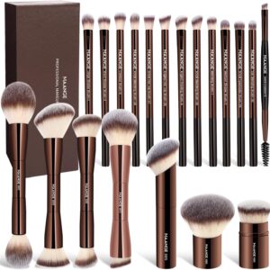 MAANGE 20 Pcs Makeup Brushes with Gift Box, Double-End Multi-functional Makeup Brushes for Blending Liquid Powder Concealer Cream Blush Buffe (Coffee Brown)