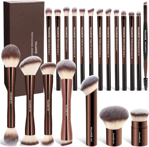 MAANGE 20 Pcs Makeup Brushes with Gift Box Coffee brown MAANGE 20 Pcs Makeup Brushes with Gift Box, Double-End Multi-functional Makeup Brushes for Blending Liquid Powder Concealer Cream Blush Buffe (Coffee Brown)