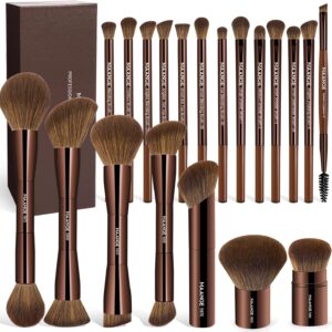 MAANGE 20 Pcs Makeup Brushes with Gift Box, Double-End Multi-functional Makeup Brushes for Blending Liquid Powder Concealer Cream Blush Buffe (Dark Brown)